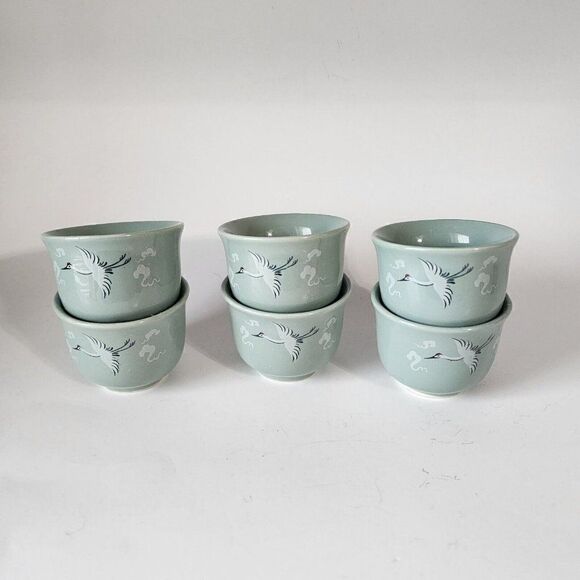 Set Of 6 DAE WON Crane Fine China Tea Cups - Picture 1 of 10